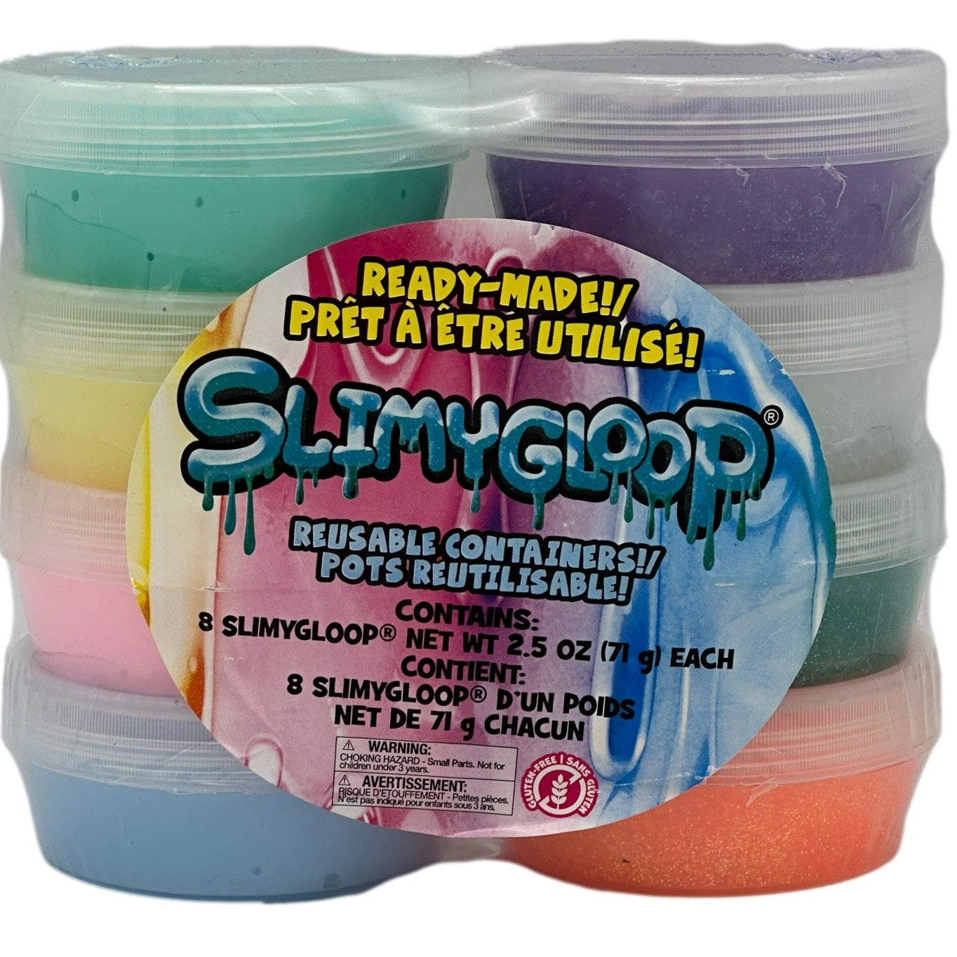 Eight containers of multi-colored SlimeyGlop compound in clear plastic packaging with a round label.